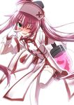  alternate_costume armband blush gloves green_eyes hat looking_at_viewer mary_skelter mizunashi_(second_run) nurse nurse_cap one_eye_closed open_mouth oyayubihime_(mary_skelter) pink_hair solo syringe twintails 