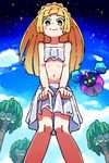  &gt;o&lt; adapted_costume alolan_exeggutor alolan_form alternate_hairstyle bangs bare_shoulders bikini blonde_hair blunt_bangs blush_stickers braid breasts closed_mouth cloud commentary_request cosmog crop_top crown_braid french_braid from_below gen_7_pokemon knees_together lillie_(pokemon) long_hair looking_at_viewer midriff navel nervous_smile night pokemon pokemon_(creature) pokemon_(game) pokemon_sm skirt_grab sky small_breasts smile spaghetti_strap standing star star_(sky) starry_sky stomach sweatdrop swimsuit underboob wakuma_bisuke white_bikini 