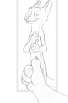  2017 akiric anthro black_and_white canine cellphone disney fox looking_at_viewer male mammal mirror monochrome nick_wilde nude one_eye_closed one_finger_challenge phone reflection selfie simple_background smile solo thumbs_up white_background wink zootopia 