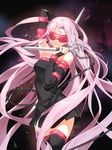  arm_behind_head armpits bare_shoulders black_legwear blindfold chain closed_mouth facial_mark fate/stay_night fate_(series) forehead_mark highres holding holding_weapon long_hair nameless_dagger pink_hair rider ronopu solo tattoo thighhighs very_long_hair weapon 