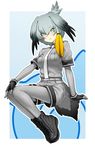  black_hair bodystocking boots commentary_request full_body gloves green_eyes grey_hair head_wings highres kazuma_muramasa kemono_friends multicolored_hair necktie shirt shoebill_(kemono_friends) shorts solo white_neckwear wings 