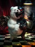  bacius bear bear_ears bear_paws black_eyes ceiling_light checkered checkered_floor commentary_request cyborg danganronpa danganronpa_1 fur glowing hands_on_own_stomach metal monokuma navel no_humans open_mouth photorealistic prosthesis prosthetic_arm realistic red_eyes shadow sharp_teeth smile solo standing stuffed_animal stuffed_toy teddy_bear teeth television tile_floor tiles white_fur 