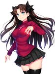  beeyan black_hair black_legwear black_skirt blue_eyes breasts commentary_request cowboy_shot fate/stay_night fate_(series) highres large_breasts long_hair pleated_skirt simple_background skirt solo sweater thighhighs toosaka_rin two_side_up white_background zettai_ryouiki 