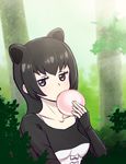  animal_ears black_eyes black_hair bow breasts bush collarbone commentary_request eating expressionless extra_ears eyelashes food holding holding_food inumoto japari_bun jitome jpeg_artifacts kemono_friends long_hair long_sleeves looking_at_viewer malayan_tapir_(kemono_friends) medium_breasts outdoors solo tapir_ears tree upper_body 