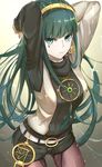  arms_up bangs belt bracelet cleopatra_(fate/grand_order) closed_mouth earrings eyebrows_visible_through_hair fate/grand_order fate_(series) gradient gradient_background green_eyes green_hair hairband jewelry light_particles long_hair looking_at_viewer necklace p!nta pantyhose ring shorts solo thumb_ring yellow_hairband 