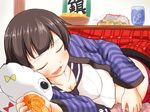  =_= agano_(kantai_collection) black_hair bowl breasts cleavage closed_eyes collarbone commentary_request cup drooling food fruit kantai_collection kotatsu large_breasts long_hair mandarin_orange miss_cloud open_mouth peeling ron_syouco saliva school_uniform serafuku skirt sleeping solo table under_kotatsu under_table 