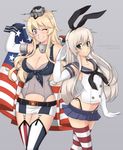  alina_pegova american_flag anchor anchor_hair_ornament black_panties blonde_hair blue_eyes breasts cleavage cowboy_shot crop_top elbow_gloves fingerless_gloves front-tie_top garter_straps gloves green_eyes hair_between_eyes hair_ornament highleg highleg_panties iowa_(kantai_collection) kantai_collection large_breasts long_hair miniskirt multiple_girls one_eye_closed panties parted_lips salute shimakaze_(kantai_collection) skirt small_breasts standing star star-shaped_pupils striped striped_legwear symbol-shaped_pupils thighhighs underwear vertical-striped_legwear vertical_stripes white_gloves 