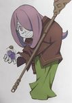  arai_hiroki bottle broom carrying_over_shoulder dress grey_background grin hair_over_one_eye highres little_witch_academia long_hair pale_skin potion red_eyes sharp_teeth simple_background smile solo sucy_manbavaran teeth 