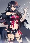  bandaged_arm bandages belt black_choker black_hair breasts choker claws cleavage collarbone eyelashes gradient gradient_background hatozake lace large_breasts lips long_hair looking_at_viewer navel solo tales_of_(series) tales_of_berseria torn_clothes underboob velvet_crowe yellow_eyes 