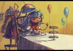  :d balloon birthday blue_hair cake commentary eating electric_chair food fork fruit happy hinanawi_tenshi koto_inari multiple_girls open_mouth party pastry peach plate serving_dome smile table tiered_tray touhou yakumo_yukari 
