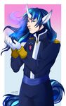  animal_humanoid blue_eyes clothing equine friendship_is_magic gloves horn human humanoid jewelry looking_at_viewer male mammal my_little_pony myloveless royalty shining_armor_(mlp) solo unicorn 
