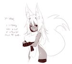  2016 animal_humanoid big_tail breasts canine clothed clothing crossed_arms dark_skin english_text female fox fox_humanoid fully_clothed hair humanoid inner_ear_fluff japanese_clothing long_hair looking_at_viewer mammal mana_(sub-res) monochrome no_underwear one_eye_closed open_mouth simple_background sketch solo standing sub-res text white_background wide_hips 