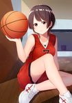  absurdres akky_(akimi1127) ball basketball basketball_uniform bike_shorts black_eyes breasts brown_hair clothes_writing commentary_request highres holding holding_ball indoors medium_breasts moe2017 original shoes short_hair shorts smile sneakers solo sportswear uniform 