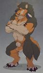  2017 abs animal_genitalia anthro arms_cross balls belly biceps black_nose brown_fur canine claws dog explicital feathers front_view fully_sheathed fur grey_background jewelry knot licantrox male mammal muscular muscular_male necklace nude orange_eyes pecs pose pubes scar sharp_claws sharp_teeth sheath simple_background solo standing teeth toe_claws 