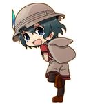  b3 backpack bag black_hair blue_eyes blush chibi d: eyelashes feathers from_behind full_body hair_between_eyes hat hat_feather helmet jpeg_artifacts kaban_(kemono_friends) kemono_friends leg_up loafers looking_at_viewer looking_back open_mouth outline pantyhose pith_helmet red_shirt running shirt shoe_soles shoes short_hair short_sleeves shorts simple_background solo tareme tearing_up tears wavy_mouth white_background 