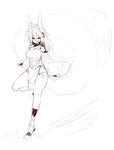  2016 animal_humanoid breasts canine clothed clothing female fox fox_humanoid fully_clothed hair half-closed_eyes humanoid inner_ear_fluff japanese_clothing long_hair long_tail looking_at_viewer mammal momo_(sub-res) monochrome simple_background sketch smile solo spooky_fox standing sub-res white_background wide_hips 