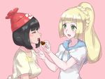  bag beanie black_hair blonde_hair blush braid chocolate chocolate_heart closed_eyes duffel_bag floral_print food french_braid hat heart high_ponytail hood lillie_(pokemon) long_hair mizuki_(pokemon) mizuumi_(bb) multiple_girls open_mouth pokemon pokemon_(game) pokemon_sm red_hat shirt short_hair short_sleeves smile white_shirt 