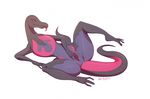  2017 black_eyes black_scales butt english_text female gomegapokemon nintendo nude pink_scales pok&eacute;mon purple_scales purple_sclera pussy pussy_juice reptile salazzle scales scalie signature simple_background slit_pupils solo spread_pussy spreading text tongue tongue_out video_games white_background 