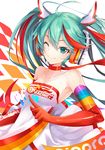  &gt;:) ;) ajigo armpits bare_shoulders choker closed_mouth clothes_writing collarbone company_name elbow_gloves gloves goodsmile_company goodsmile_racing green_eyes green_hair hatsune_miku headphones index_finger_raised long_hair one_eye_closed orange_gloves race_queen racing_miku racing_miku_(2016) smile solo twintails v-shaped_eyebrows vocaloid 