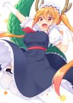  :d apron arm_up bangs blonde_hair blurry blush breasts brown_eyes commentary_request depth_of_field dragon_horns dragon_tail eyebrows_visible_through_hair frilled_legwear gloves hair_between_eyes hand_up highres horns jiiwara kobayashi-san_chi_no_maidragon large_breasts long_hair looking_at_viewer maid maid_headdress open_mouth puffy_short_sleeves puffy_sleeves short_sleeves signature simple_background smile solo tail teeth thighhighs tooru_(maidragon) twintails twitter_username very_long_hair white_background white_gloves white_legwear 