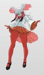  bangs buttons expressionless eyebrows_visible_through_hair frilled_sleeves frills full_body gloves half-closed_eyes head_wings highres japanese_crested_ibis_(kemono_friends) jitome kemono_friends legs long_hair long_sleeves looking_at_viewer multicolored_hair panties pantyhose pantyshot pantyshot_(standing) parted_lips pleated_skirt red_gloves red_legwear red_skirt shiba_itsuki shirt simple_background skirt solo standing tail thighs two-tone_hair underwear white_background white_hair white_shirt wide_sleeves wings yellow_eyes 