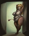  anthro armpits big_breasts blonde_hair blue_eyes bovine breasts cattle eyewear female glasses hair huge_breasts long_hair mammal nude overweight overweight_female raised_arm sanny solo standing 