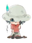  black_gloves black_hair blue_eyes blush blush_stickers chibi clenched_hand feathers full_body gloves hand_on_headwear hat hat_feather helmet hiding kaban_(kemono_friends) kemono_friends loafers looking_at_viewer pantyhose pith_helmet red_shirt shirt shoes short_hair short_sleeves shorts shy simple_background sitting solo stellaxpost sweat tareme translated wariza white_background 