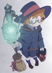  arai_hiroki blue_eyes broom dress freckles full_body glasses hat highres lantern little_witch_academia lotte_jansson luna_nova_school_uniform orange_hair school_uniform short_hair skull solo witch witch_hat 