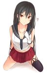  ? alternate_hairstyle asymmetrical_legwear black_hair blush breasts cleavage collarbone commentary_request gloves hair_between_eyes hair_down highres kanpyou_(hghgkenfany) kantai_collection large_breasts long_hair looking_at_viewer midriff necktie pleated_skirt red_eyes red_skirt school_uniform serafuku single_thighhigh skirt solo thighhighs tsurime white_gloves yahagi_(kantai_collection) 