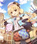  absurdres blonde_hair blue_bow blue_skirt bow bowtie brown_eyes center_frills cloud cloudy_sky cowboy_shot day futaba_anzu hair_ornament hat highres holding holding_microphone idolmaster idolmaster_cinderella_girls idolmaster_cinderella_girls_starlight_stage long_hair looking_at_viewer microphone multicolored multicolored_clothes multicolored_shorts open_mouth polka_dot polka_dot_bow puffy_short_sleeves puffy_shorts puffy_sleeves seneto short_shorts short_sleeves shorts skirt sky solo standing striped striped_legwear tears thighhighs twintails white_hat wrist_cuffs yellow_bow 