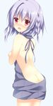  absurdres asuka_minato backless_dress backless_outfit bad_id bad_pixiv_id bangs bare_back bare_shoulders blush braid butt_crack cowboy_shot drawstring dress eyebrows_visible_through_hair from_behind grey_background grey_sweater hair_between_eyes halterneck highres lavender_hair looking_at_viewer looking_back meme_attire minatsuki_kou nose_blush open_mouth otome_domain red_eyes ribbed_sweater short_hair_with_long_locks simple_background solo sweater sweater_dress turtleneck turtleneck_sweater virgin_killer_sweater 