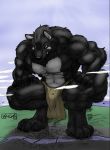  2010 abs aircraft airplane anthro black_fur bulge canid canine canis city clothed clothing cloud crouching destruction footprint fur kencougr loincloth looming macro male mammal markings muscular muscular_male notveryathletic pecs river solo topless wolf 
