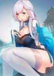  1girl alternate_costume azur_lane belfast_(azur_lane) belfast_(iridescent_rose)_(azur_lane) black_gloves blue_dress blue_eyes blue_panties blush braid breasts chains china_dress chinese_clothes cleavage cleavage_cutout collar commentary_request dress earrings eyebrows_visible_through_hair french_braid gloves hand_on_own_chest highres jewelry kelly_0w0 large_breasts long_hair long_sleeves looking_at_viewer outdoors panties partly_fingerless_gloves pelvic_curtain side-tie_panties side_braid side_slit silver_hair sitting smile solo string_panties thighhighs thighs underwear white_legwear 