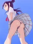  1girl ass blue_background blush closed_mouth female from_below futari_wa_precure_splash_star long_hair looking_at_viewer looking_back mishou_mai muramura_hito panties partially_visible_anus precure profile purple_eyes purple_hair short_sleeves side-tie_panties simple_background solo standing thong underwear upskirt 