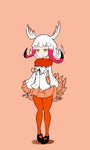  1girl animated animated_gif artist_request bangs closed_mouth crested_ibis_(kemono_friends) cropped_legs expressionless eyebrows_visible_through_hair frilled_sleeves frills from_below full_body gloves half-closed_eyes jitome jumping kemono_friends legs long_hair long_sleeves multicolored_hair pantyhose pink_background pleated_skirt red_gloves red_legwear red_skirt shirt simple_background skirt solo tail thighs two-tone_hair white_hair white_shirt wide_sleeves wings yellow_eyes 
