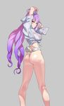 arms_up ass breasts don_(rg06268) fundoshi highres japanese_clothes kneepits large_breasts legs long_hair macross macross_delta mikumo_guynemer multicolored_hair purple_hair red_eyes shirt solo tied_shirt two-tone_hair 