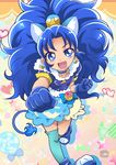  :d animal_ears blue_eyes blue_footwear blue_gloves blue_hair blue_jacket blue_legwear blue_skirt boots choker clenched_hand cure_gelato earrings extra_ears eyelashes fang food_themed_hair_ornament fur fur_trim gloves hair_ornament hanzou happy highres jacket jewelry kirakira_precure_a_la_mode lion_ears lion_girl lion_tail long_hair looking_at_viewer magical_girl open_mouth precure single_thighhigh skirt smile solo tail tategami_aoi teeth thighhighs 