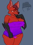  anthro big_breasts big_butt blush breasts brown_eyes brown_hair butt canine cleavage clothed clothing dress female fox fur hair huge_breasts huge_butt lips mammal nipple_bulge panties pyrocynical red_fur solo stickyhunter underwear 