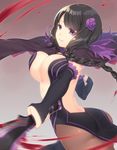  ass bangs black_dress black_hair bouncing_breasts braid breasts capelet cleavage commentary_request cowboy_shot dress elbow_gloves elsa_granhilte error eyebrows_visible_through_hair fingerless_gloves floating_hair flower gloves hair_flower hair_ornament highres holding holding_weapon jiiwara large_breasts long_hair looking_at_viewer mole mole_under_eye motion_blur pantyhose parted_lips pelvic_curtain purple_eyes purple_flower re:zero_kara_hajimeru_isekai_seikatsu revealing_clothes smile solo swept_bangs twisted_torso weapon 