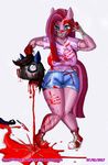  2017 5_fingers anthro anthrofied bandage big_breasts black_hair blood blood_on_clothing blood_on_face blood_on_hand blood_trail blue_eyes breasts clothed clothing corpse covered_in_blood death decapitation earth_pony english_text equine eyelashes female footwear friendship_is_magic gore green_eyes hair half-closed_eyes holding_head horse insane knife legwear looking_at_viewer looking_up mammal melee_weapon my_little_pony peace_sign_(disambiguation) pink_hair pink_skin pinkamena_(mlp) pinkie_pie_(mlp) pony project_deathwatch ravenousdash severed_head shirt shoes sick_bubblegum simple_background smile sneakers solo standing teeth text thick_thighs weapon wide_hips 