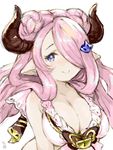  bikini blue_eyes blush breasts cleavage draph granblue_fantasy hair_ornament hair_over_one_eye horns large_breasts lock long_hair looking_at_viewer narmaya_(granblue_fantasy) pink_hair pointy_ears randou simple_background sketch smile solo swimsuit upper_body white_background white_bikini 