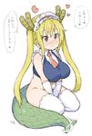  ascot blonde_hair blush bottomless breasts dragon_girl dragon_horns dragon_tail gloves heart horns kobayashi-san_chi_no_maidragon large_breasts long_hair maid maid_headdress navel plump randou red_eyes simple_background sketch slit_pupils smile solo tail tail_wagging thighhighs tooru_(maidragon) translated twintails v_arms white_background white_gloves white_legwear 