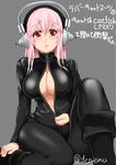  biker_clothes bikesuit blush bodysuit breasts cleavage deni_m headphones large_breasts long_hair looking_at_viewer nitroplus open_mouth pink_hair red_eyes solo super_sonico unzipping zipper 