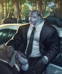  anthro balls canine car clothed clothing duo erection feline handjob humanoid_penis limousine male male/male mammal muscular open_mouth penis raccoon21 sex smile standing thick_penis uncut vehicle 