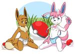  anthro briefs bulge chest_tuft claws clothed clothing duo eevee eeveelution fur grass hair kneeling looking_at_viewer male navel nintendo nipples panties pok&eacute;ball pok&eacute;mon ribbons smile sylveon tonio_(artist) topless tuft underwear video_games young 