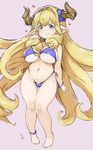  anklet ass_visible_through_thighs barefoot bikini blonde_hair blue_bikini blue_eyes blush breasts cameltoe covered_nipples draph embarrassed full_body granblue_fantasy heart highleg highleg_bikini horns jewelry large_breasts long_hair looking_at_viewer pointy_ears randou rastina side-tie_bikini simple_background solo swimsuit tears thigh_gap underboob very_long_hair 