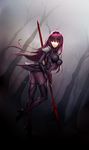  armor ass bangs bare_tree bodysuit breasts cleavage covered_navel dutch_angle eyebrows_visible_through_hair fate/grand_order fate_(series) fog full_body gae_bolg hair_between_eyes high_heels highres holding holding_spear holding_weapon large_breasts long_hair looking_back mallizmora outdoors parted_lips polearm purple_hair red_eyes scathach_(fate)_(all) scathach_(fate/grand_order) shoulder_armor solo spear standing standing_on_one_leg thighs tree very_long_hair weapon 