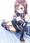  arm_support black_gloves blush breasts brown_hair cleavage cleavage_cutout dress elbow_gloves garter_straps glasses gloves himu_hifumi idolmaster idolmaster_cinderella_girls idolmaster_cinderella_girls_starlight_stage large_breasts long_hair looking_at_viewer purple_eyes smile solo thighhighs white_background yagami_makino 