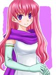  74 alternate_hairstyle dress elbow_gloves fire_emblem fire_emblem:_rekka_no_ken gloves hair_down long_hair pink_hair purple_eyes scarf serra smile solo 