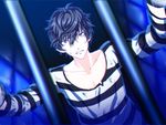  amamiya_ren angry black_hair kusanagi_(leclat_de_veine_yukika) male_focus persona persona_5 prison_cell prison_clothes silver_eyes solo 